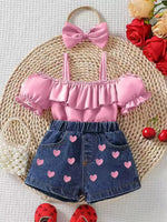 Children's Ruffled Top & Heart Embroidered Denim Shorts Set
