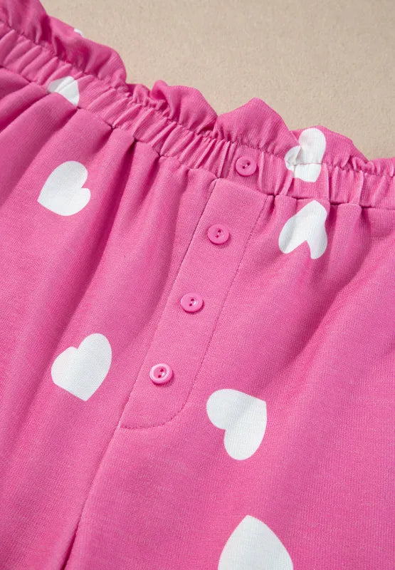 Heart Round Neck Long Sleeve Top and Elastic Waist Shorts Set - Ladyez