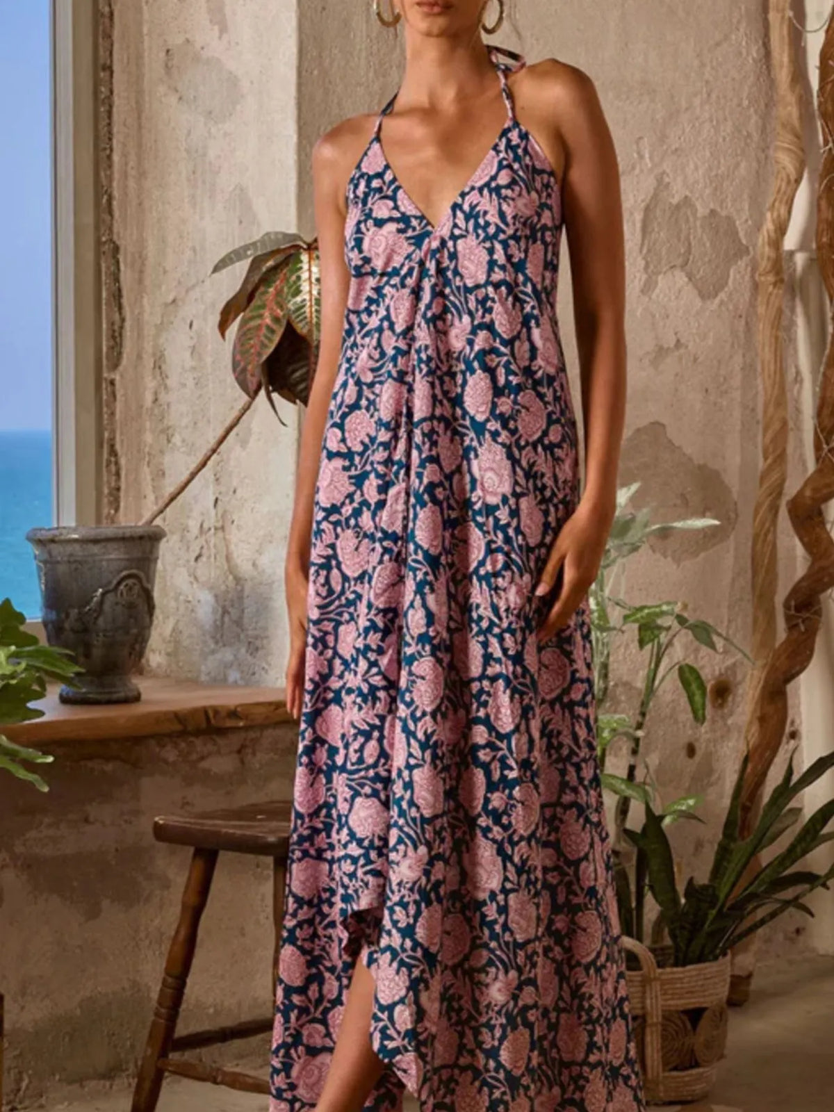 Printed Halter Neck Maxi Cami Dress - Ladyez