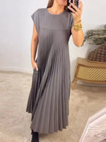 Full Size Pleated Round Neck Maxi Dress Plus Size - Ladyez