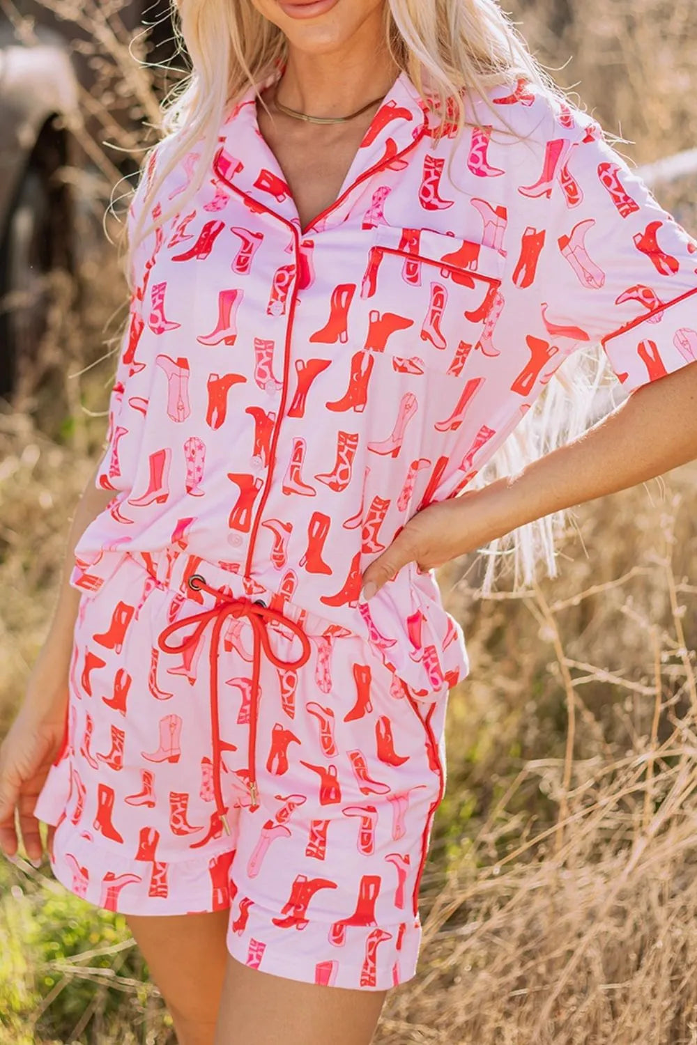 Cowgirl Boots Printed Shirt and Shorts Set - Ladyez
