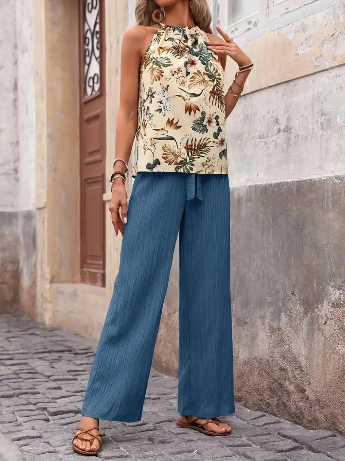 Printed Tank Top and Wide Leg Pants Set - Ladyez