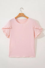 Solid Color Ruffle Trim Short Sleeve Blouse