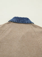 Ribbed Knit Denim Trim Button Detail Top