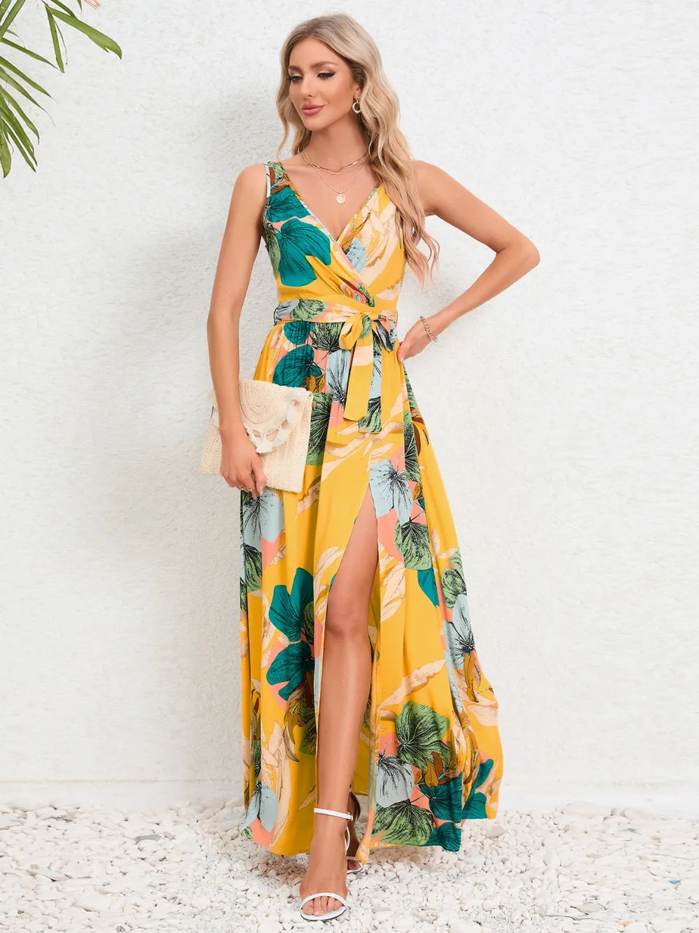Slit Tied Printed Surplice Dress - Ladyez