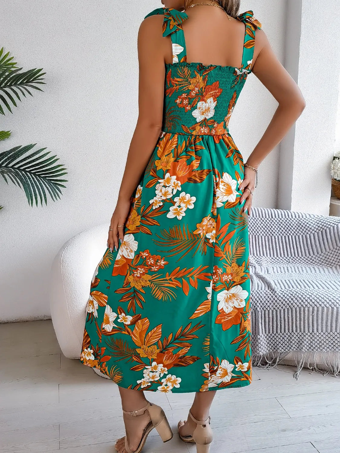 Smocked Floral Tie Shoulder Midi Dress - Ladyez