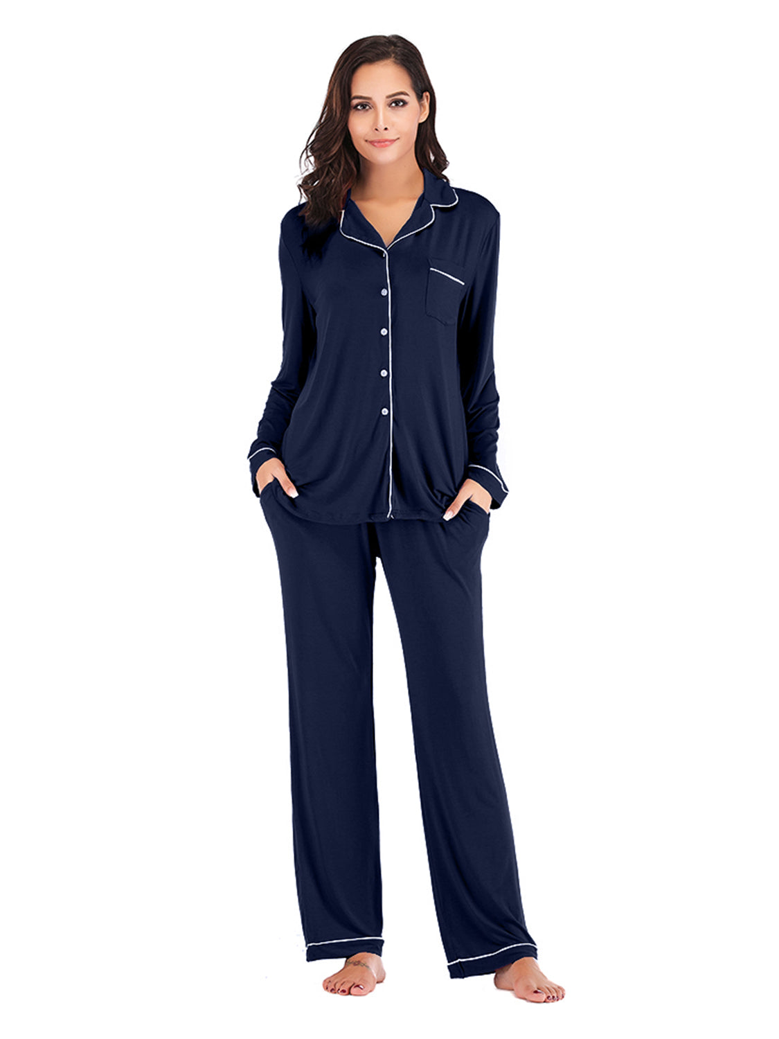 Collared Neck Long Sleeve Loungewear Set with Pockets - Ladyez
