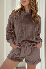 Round Neck Long Sleeve Top and Shorts Lounge Set - Ladyez