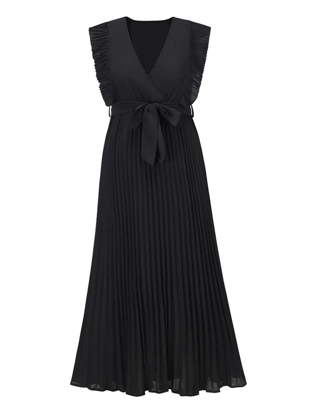 Tied Surplice Cap Sleeve Pleated Dress - Ladyez