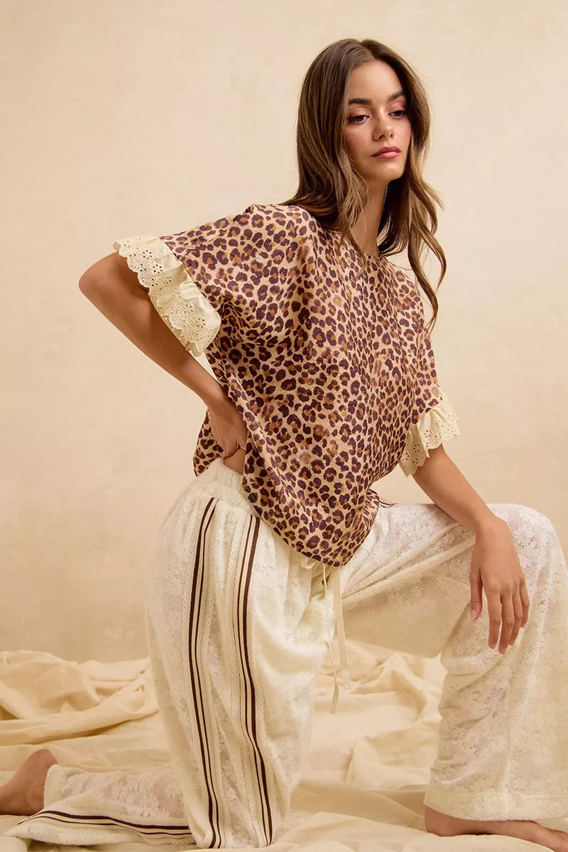 BiBi Leopard and Eyelet Lace Ruffled Top and Shorts Set