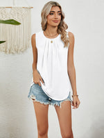 Round Neck Sleeveless Top with Pleated Front Detail - Ladyez
