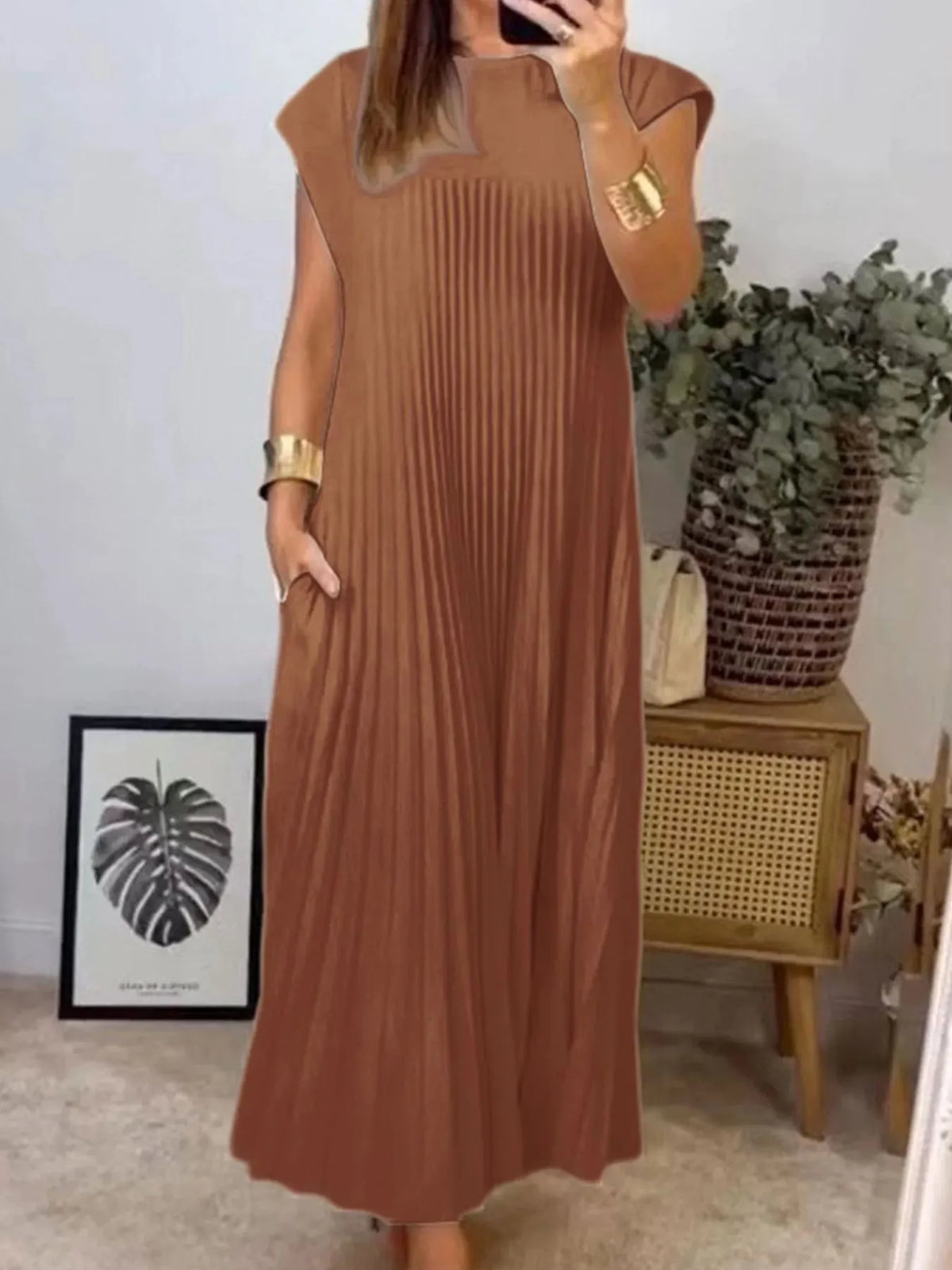 Full Size Pleated Round Neck Maxi Dress Plus Size - Ladyez