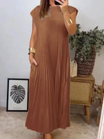 Full Size Pleated Round Neck Maxi Dress Plus Size - Ladyez