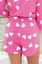 Heart Round Neck Long Sleeve Top and Elastic Waist Shorts Set - Ladyez