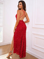 Slit Sequin V-Neck Cami Dress - Ladyez