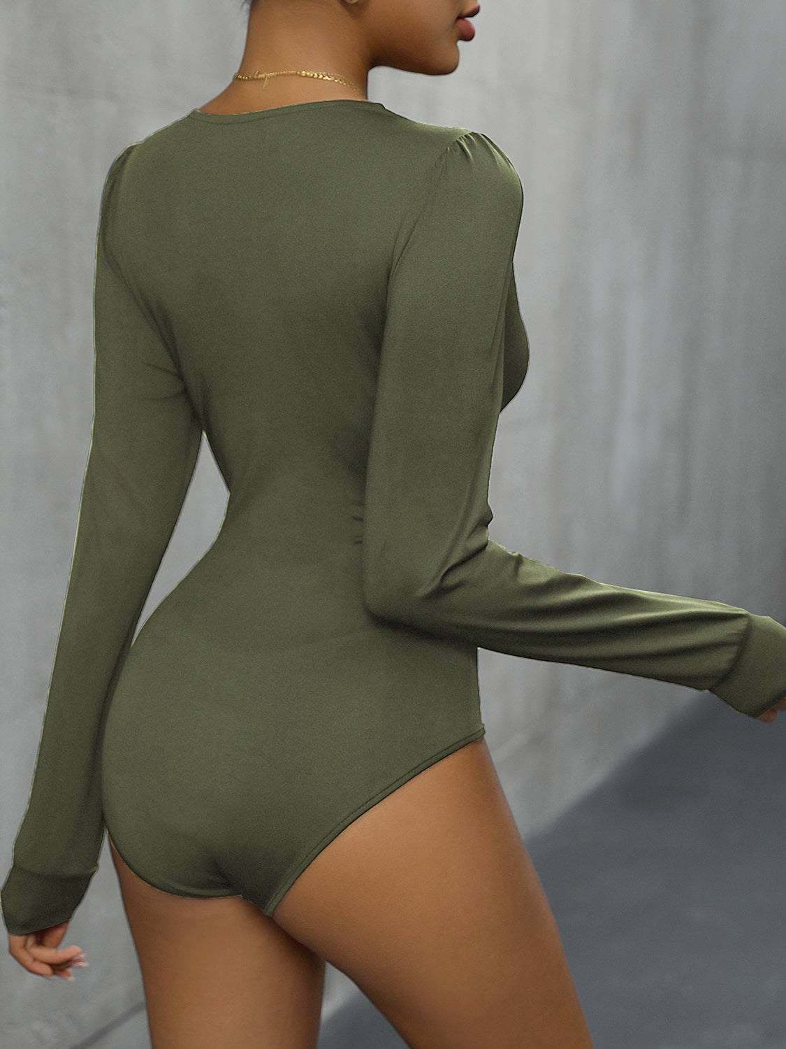 Perfee Lace Detail Plunge Long Sleeve Bodysuit - Ladyez
