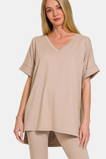 Zenana Full Size V-Neck Rolled Short Sleeve T-Shirt and Leggings Lounge Set - Ladyez