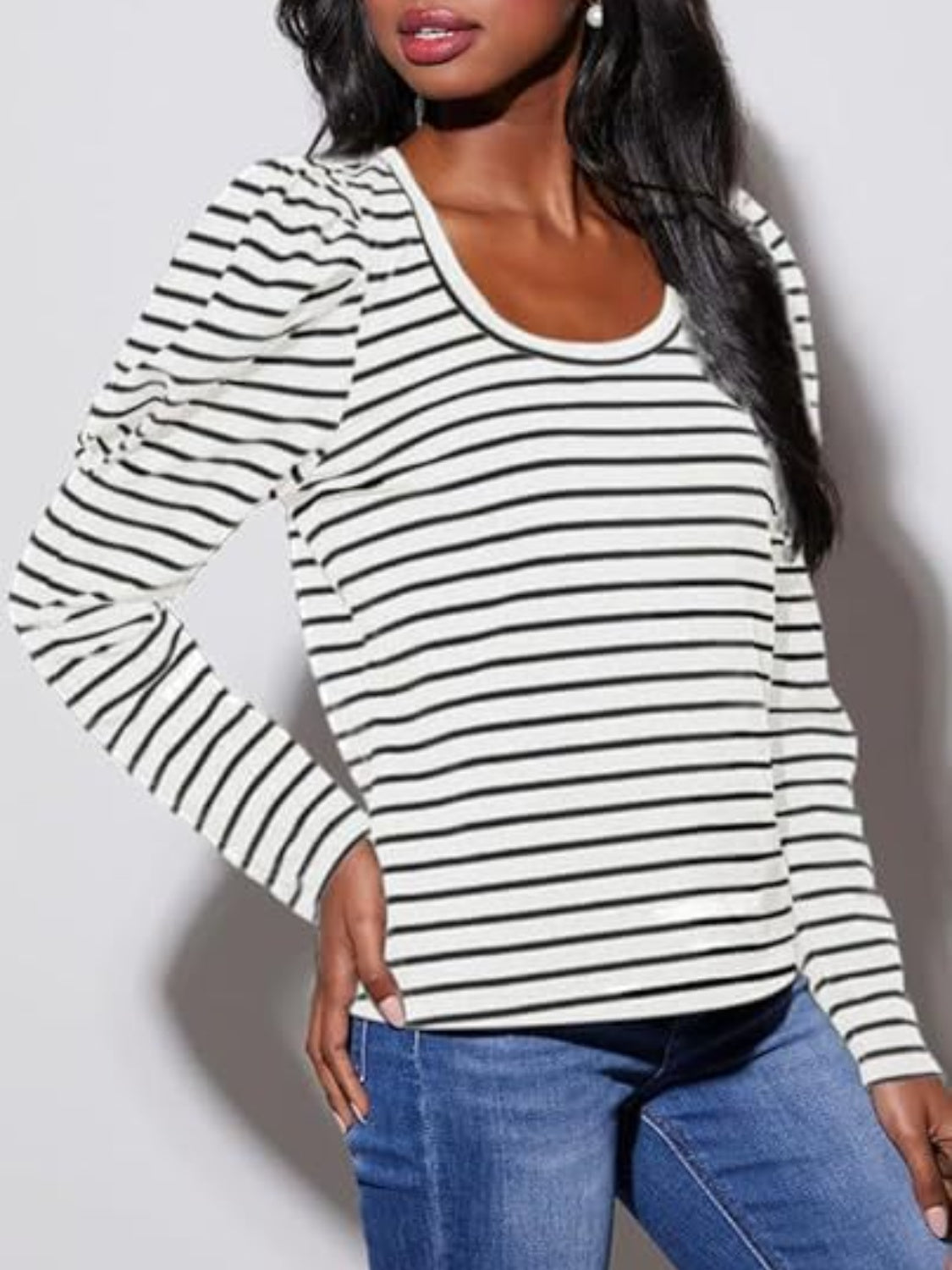 Striped Round Neck Long Sleeve T-Shirt - Ladyez