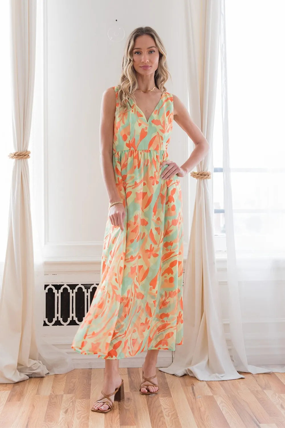 Sew In Love Printed V-Neck Sleeveless Dress - Ladyez