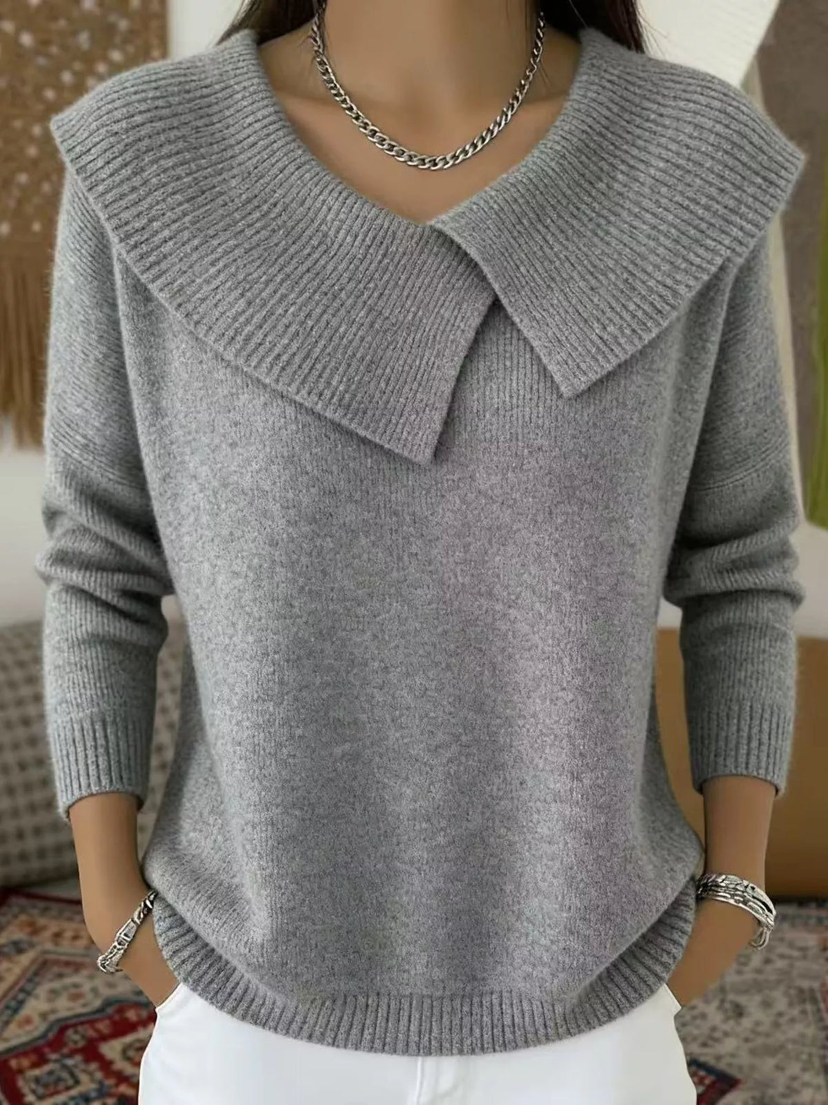 Full Size Wide-Collar Ribbed Knit Sweater Plus Size