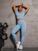 Round Neck Short Sleeve Top and Leggings Active Set - Ladyez