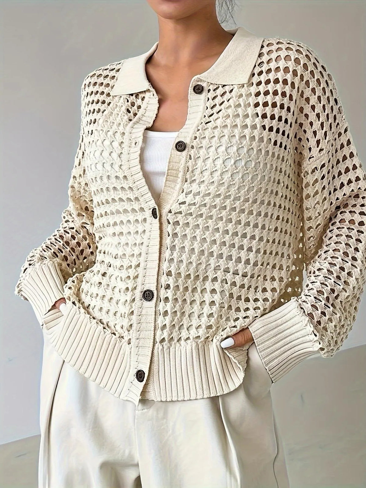 Hollow Out Knit Button Front Cardigan
