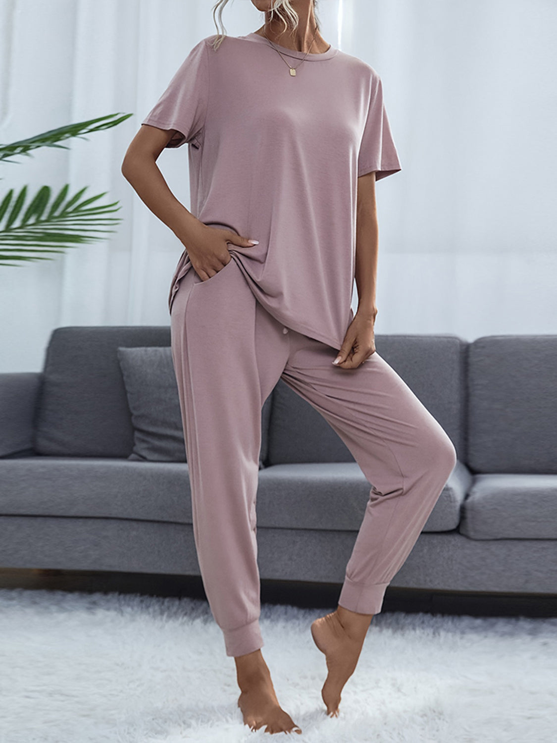 Shiny Round Neck Short Sleeve Top and Pants Set - Ladyez