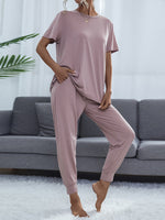 Shiny Round Neck Short Sleeve Top and Pants Set - Ladyez