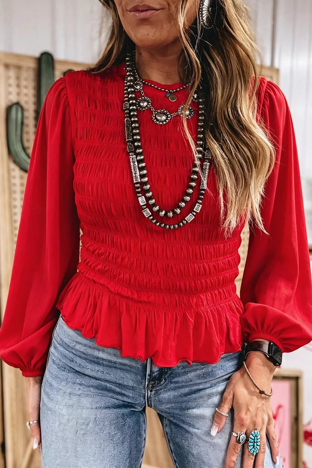 Smocked Balloon Sleeves Peplum Blouse