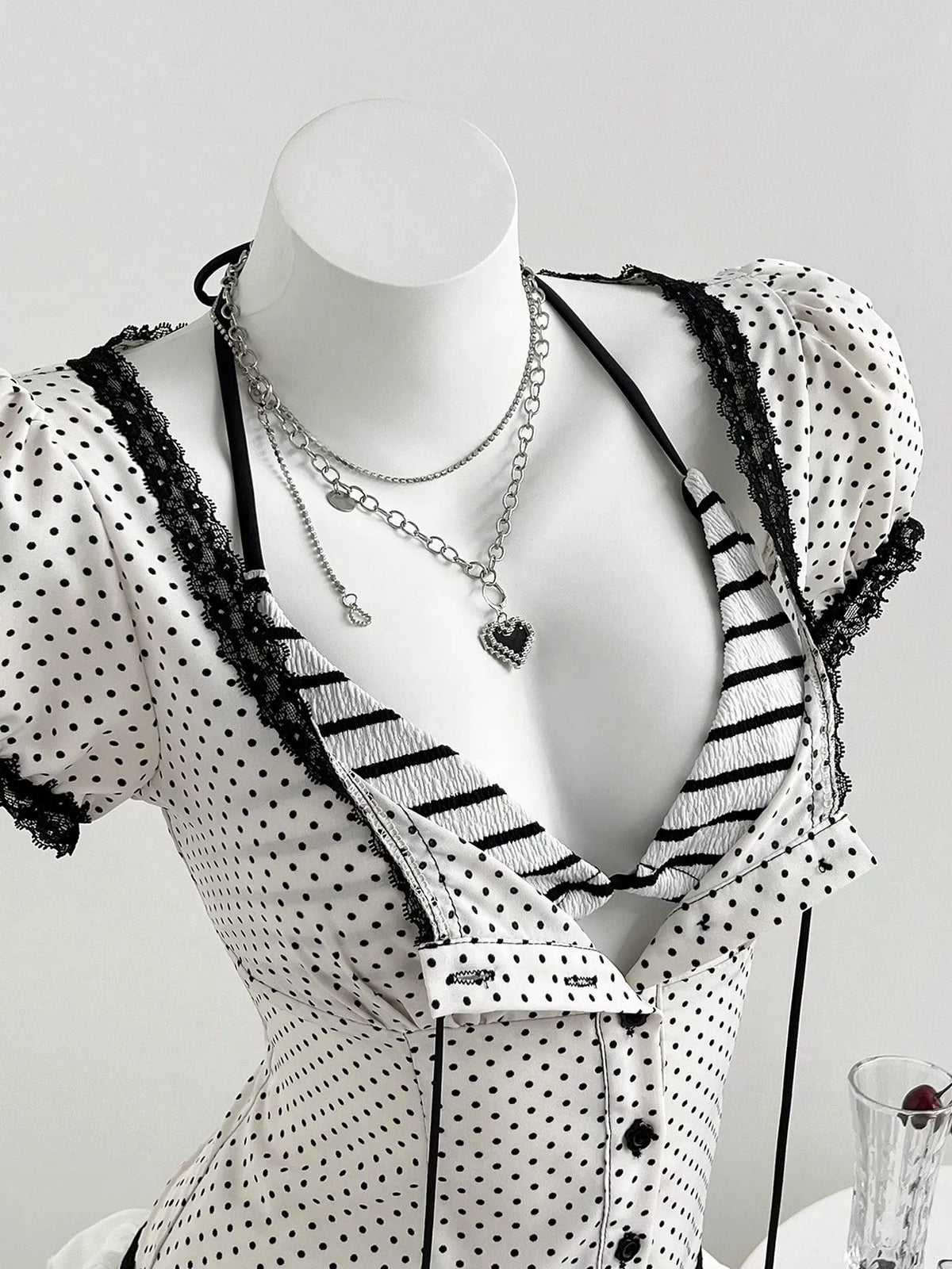 Polka Dot Lace Trim Puff Sleeve Top