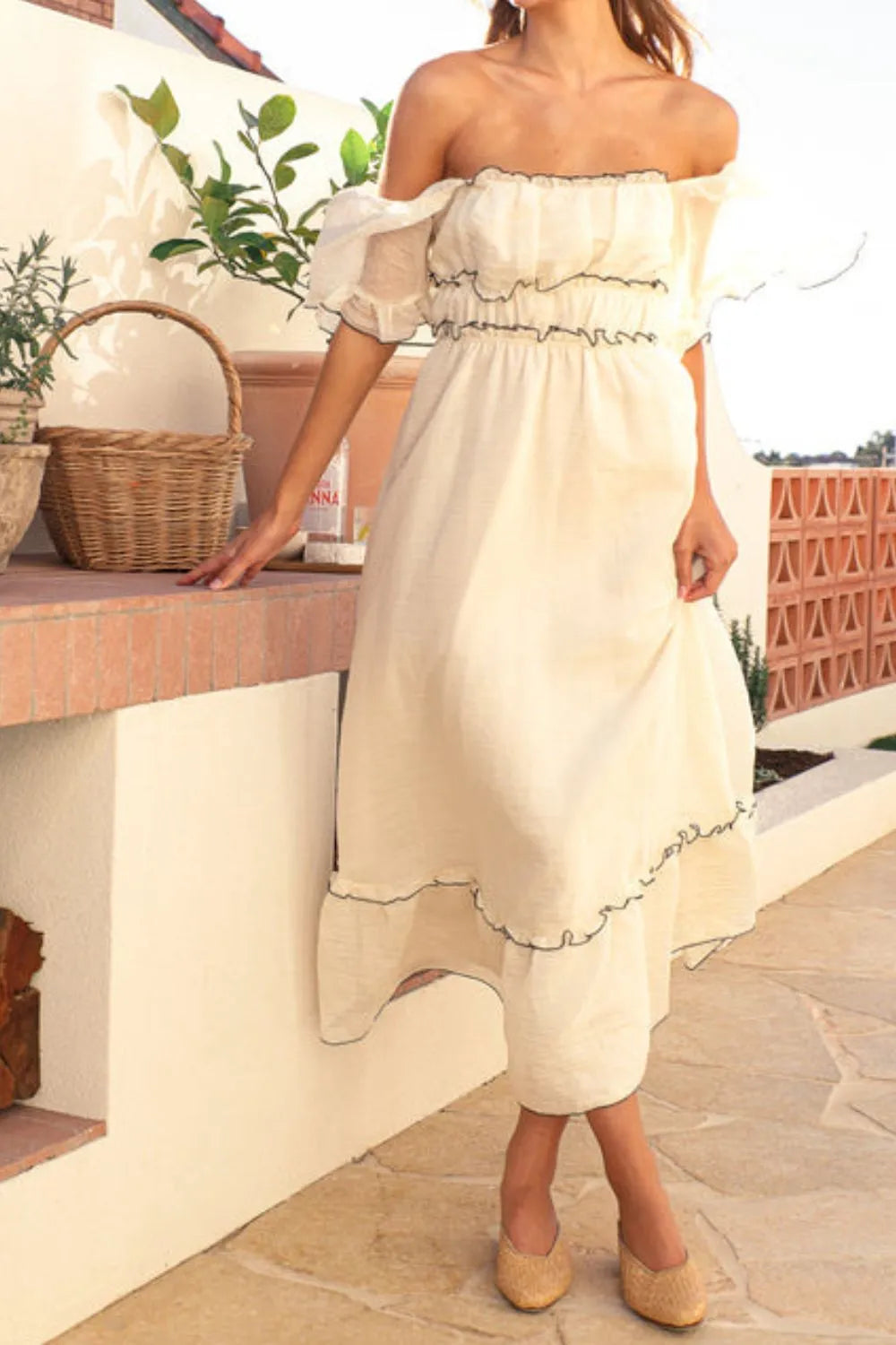 Square Neck Short Sleeve Midi Dress
