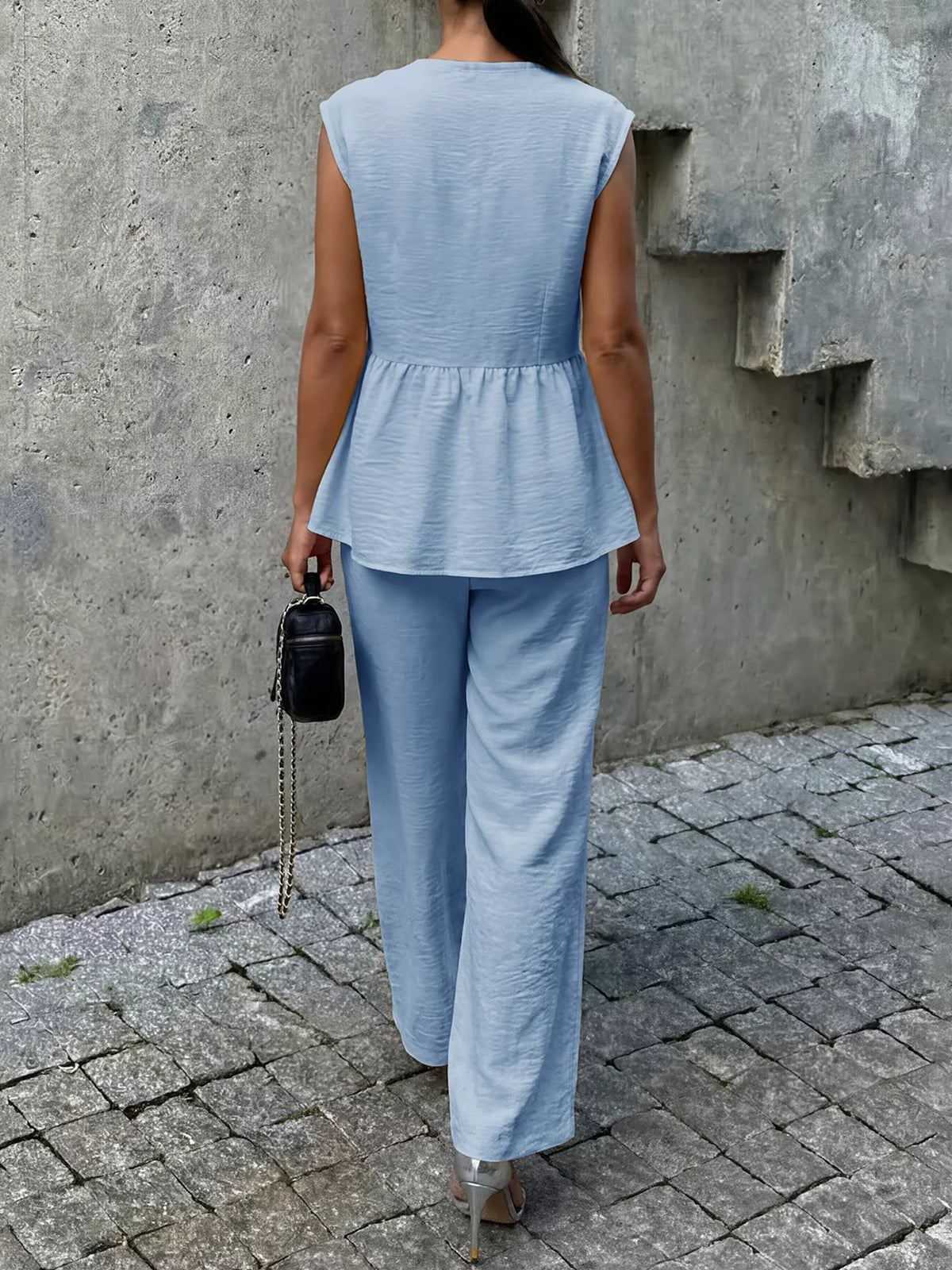 One Button Top and Wide Leg Pants Set