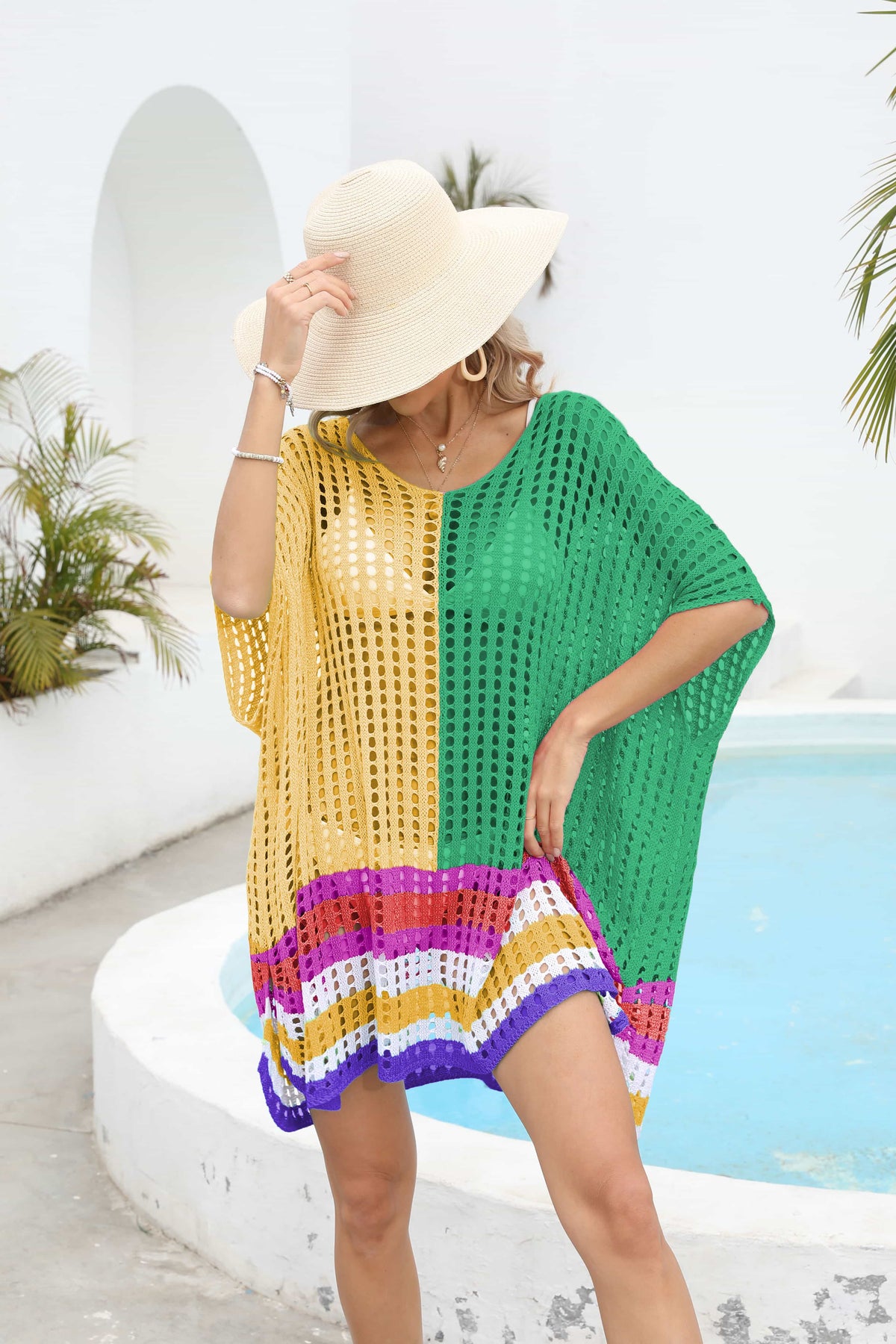 Contrast Scoop Neck Openwork Half Sleeve Cover Up - Ladyez