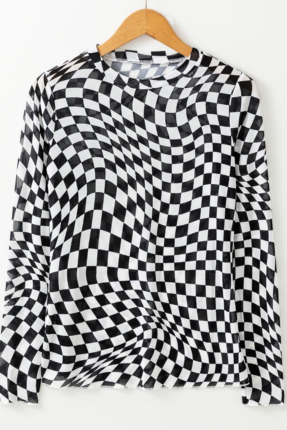 Checkered Mock Neck Long Sleeve Blouse - Ladyez