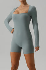 Square Neck Long Sleeve Active Romper - Ladyez