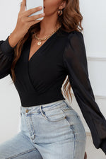 Surplice Mesh Long Sleeve Bodysuit - Ladyez