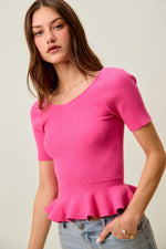 SO ME Ribbed Knit Short Sleeves Peplum Sweater Top