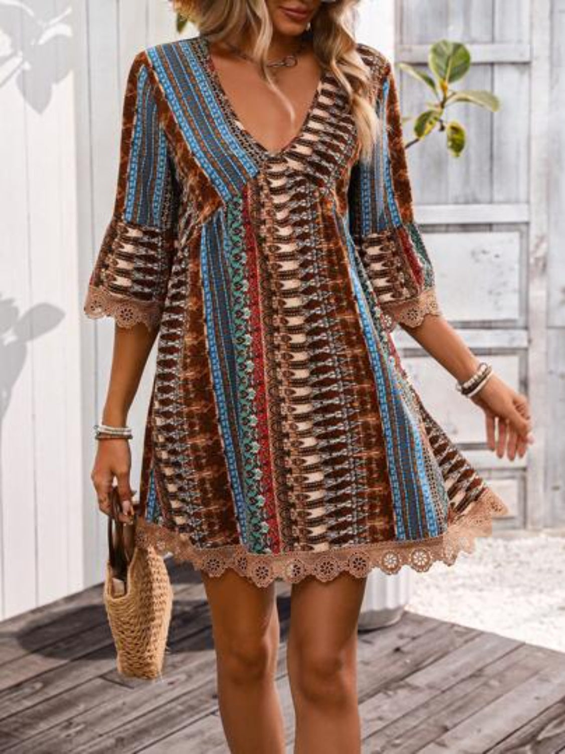Lace Trim Printed V-Neck 3/4 Sleeve Dress - Ladyez