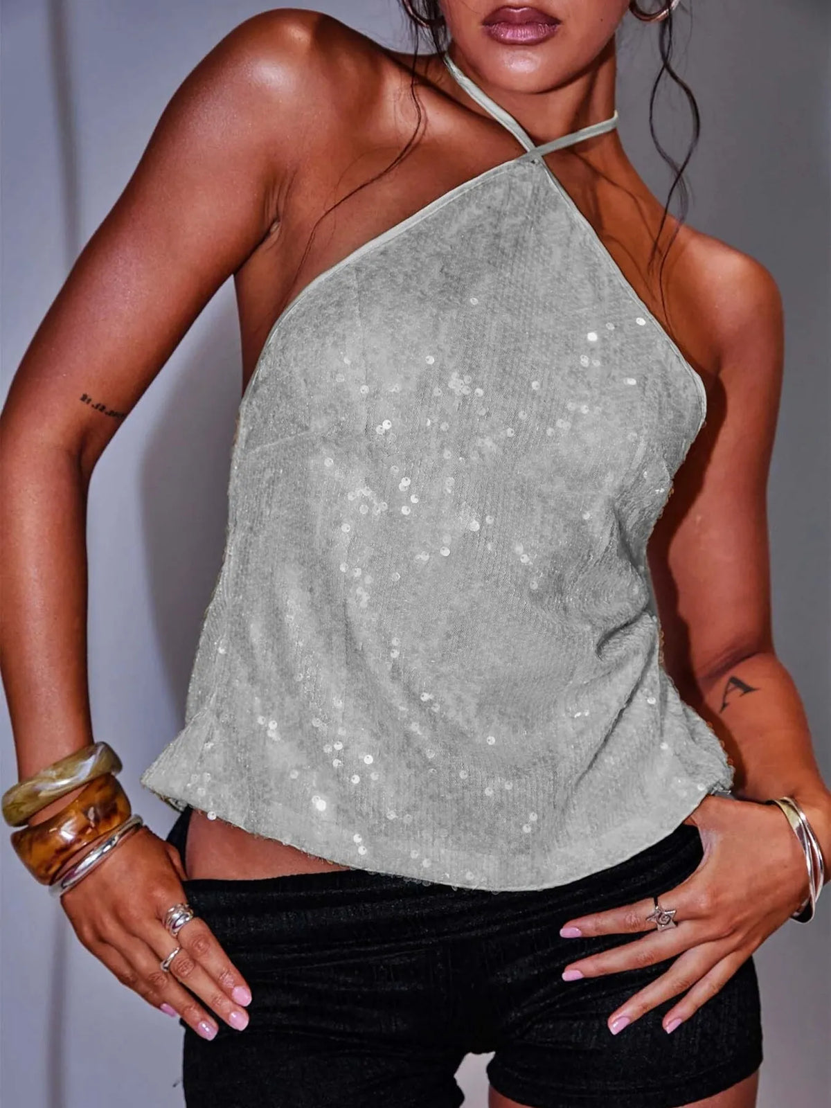 Sequined Halter Neck Cami - Ladyez