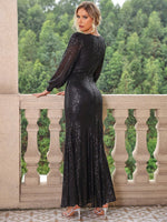 Sequin V-Neck Lantern Sleeve Maxi Dress - Ladyez