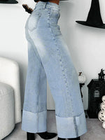High-Waisted Wide-Leg Jeans with Cuffed Hem - Ladyez