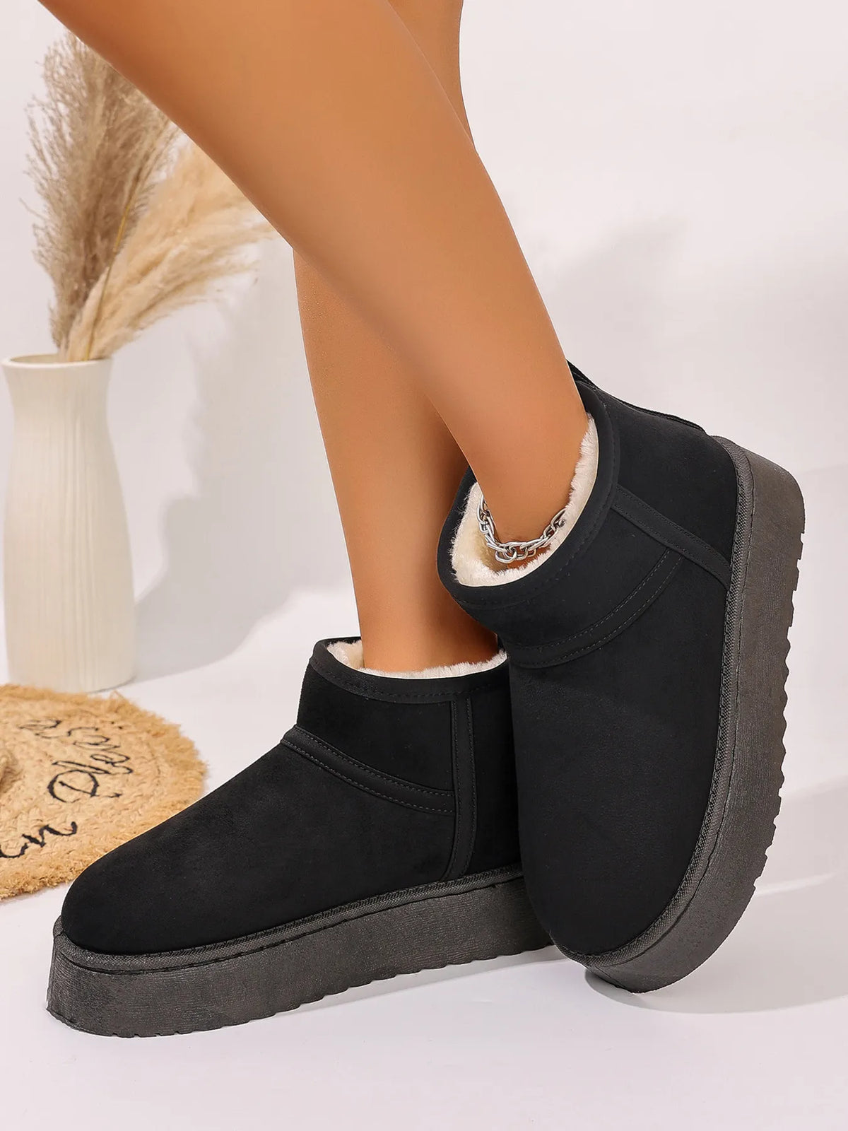 Platform Winter Ankle Boots with Cozy Fleece Lining - Ladyez