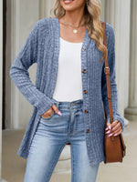Ribbed Knit Hooded Button-Down Cardigan
