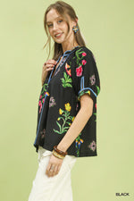 Umgee Botanical Print Contrast Trim Button Blouse