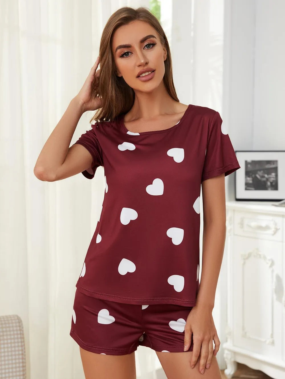 Heart Round Neck Top and Shorts Lounge Set - Ladyez