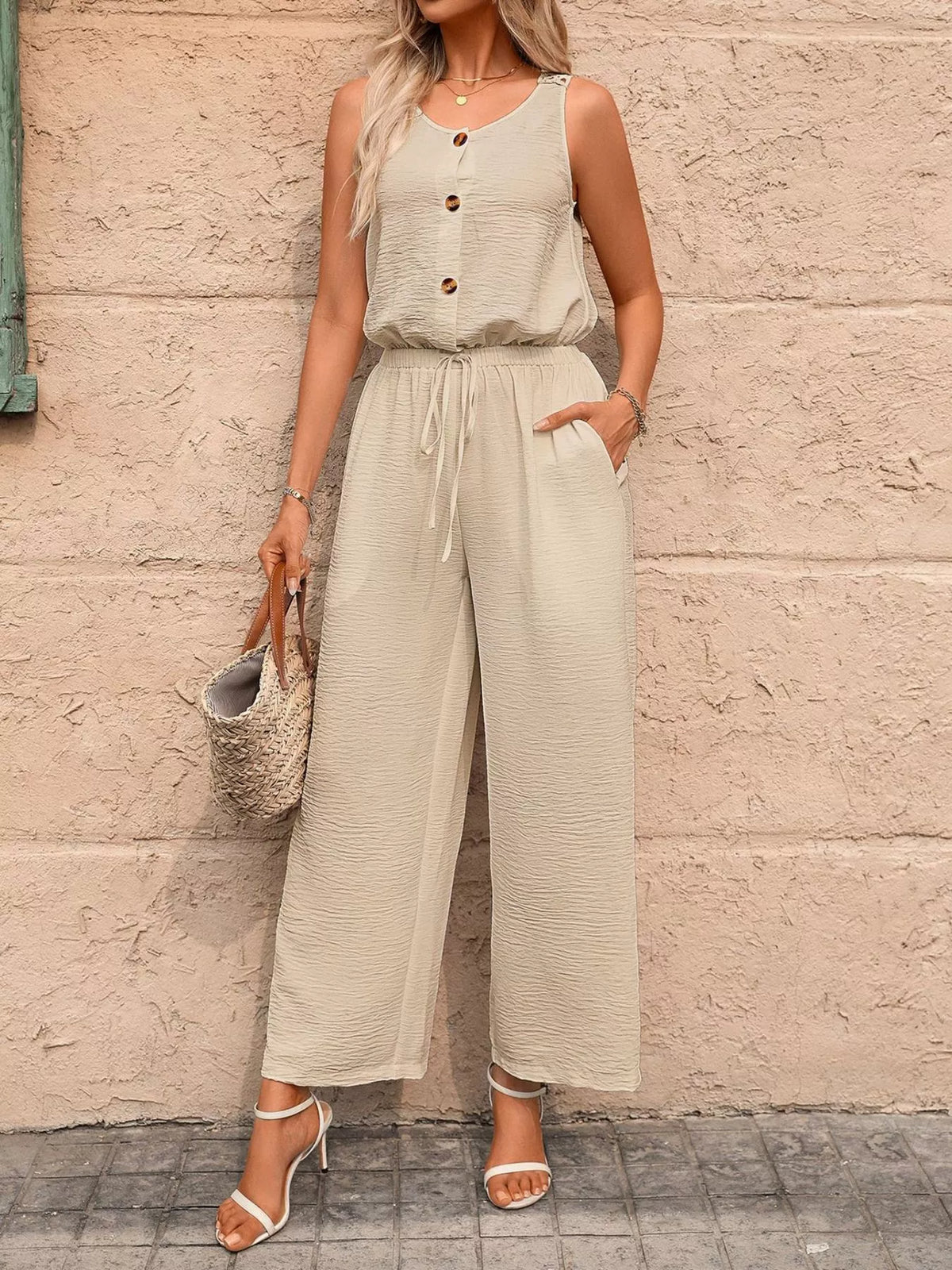 Sleeveless Button-Front Wide Leg Jumpsuit