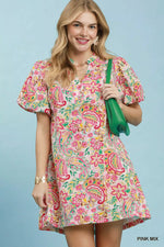 Umgee Paisley Floral Puff Sleeve Shift Dress