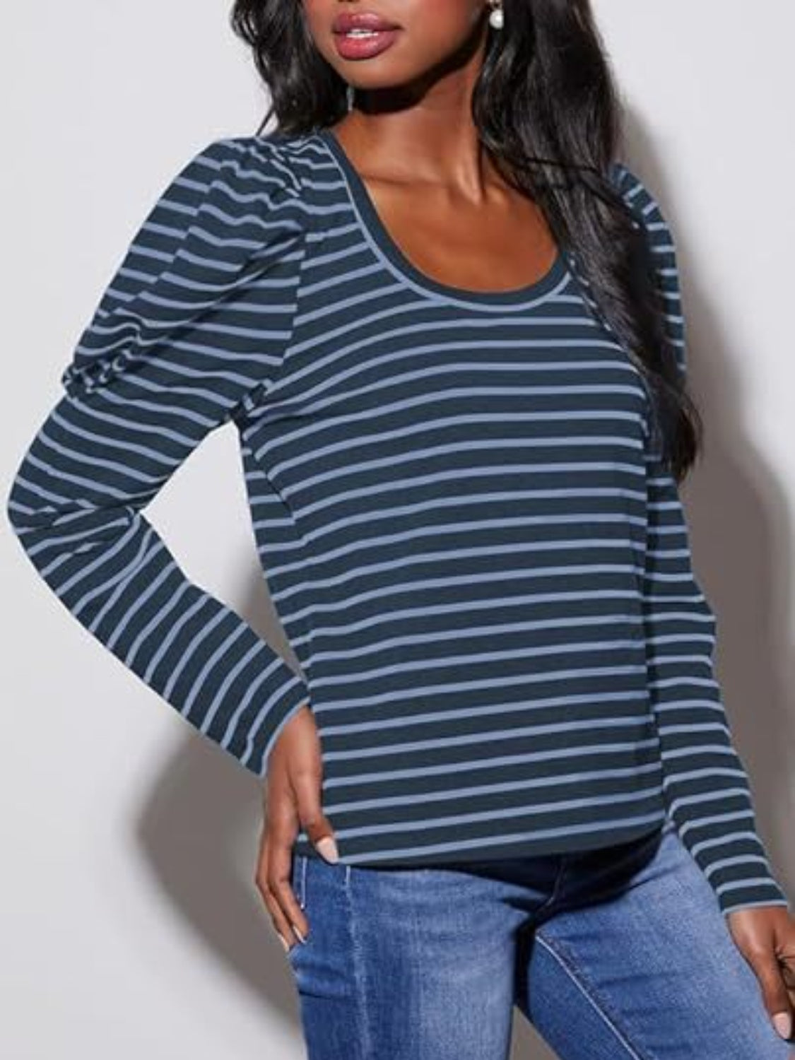 Striped Round Neck Long Sleeve T-Shirt - Ladyez