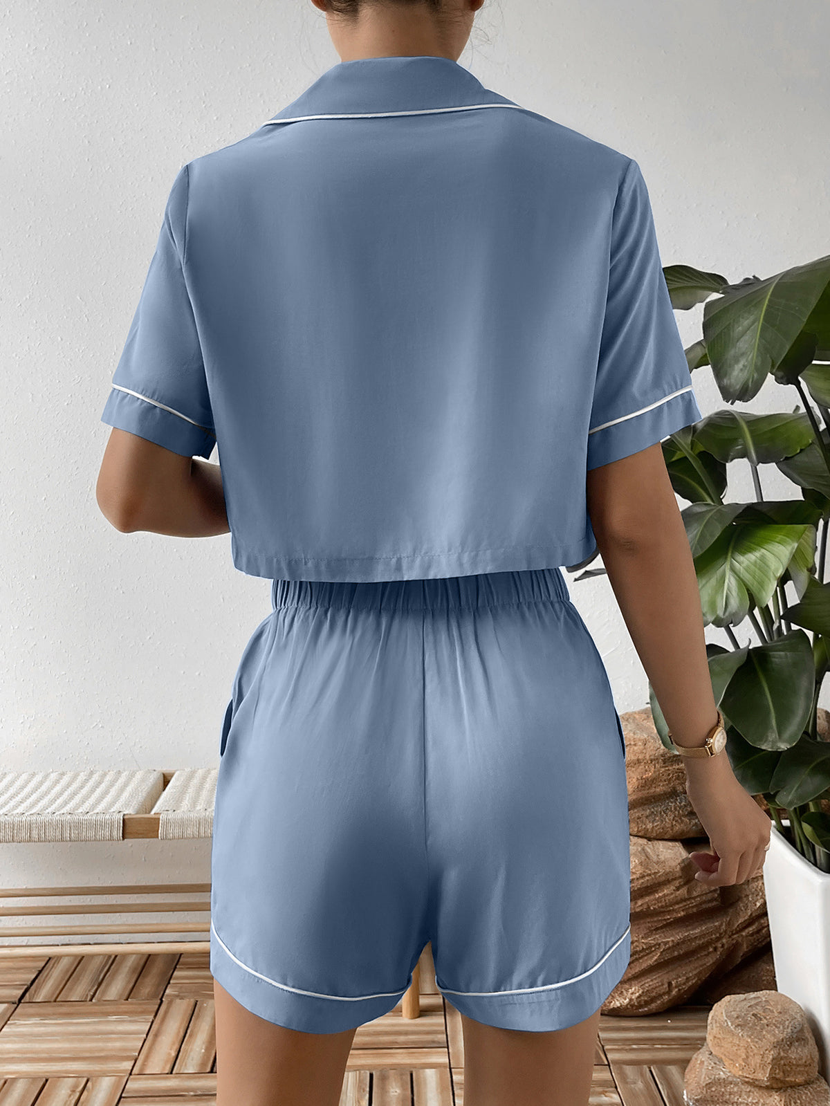 Ivy Lane Contrast Lapel Collar Cropped Shirt and Shorts Lounge Set - Ladyez