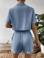 Ivy Lane Contrast Lapel Collar Cropped Shirt and Shorts Lounge Set - Ladyez